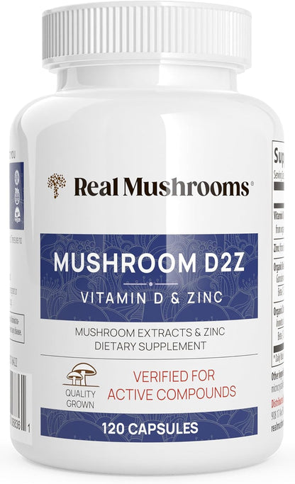 Real Mushrooms Zinc and Vitamin D2 Capsules – with Organic Chaga and Reishi Mushroom Extracts – Vitamins for Overall Wellness Support – Vegan, Non-GMO, Gluten-Free – 120 Count Mushroom Supplement