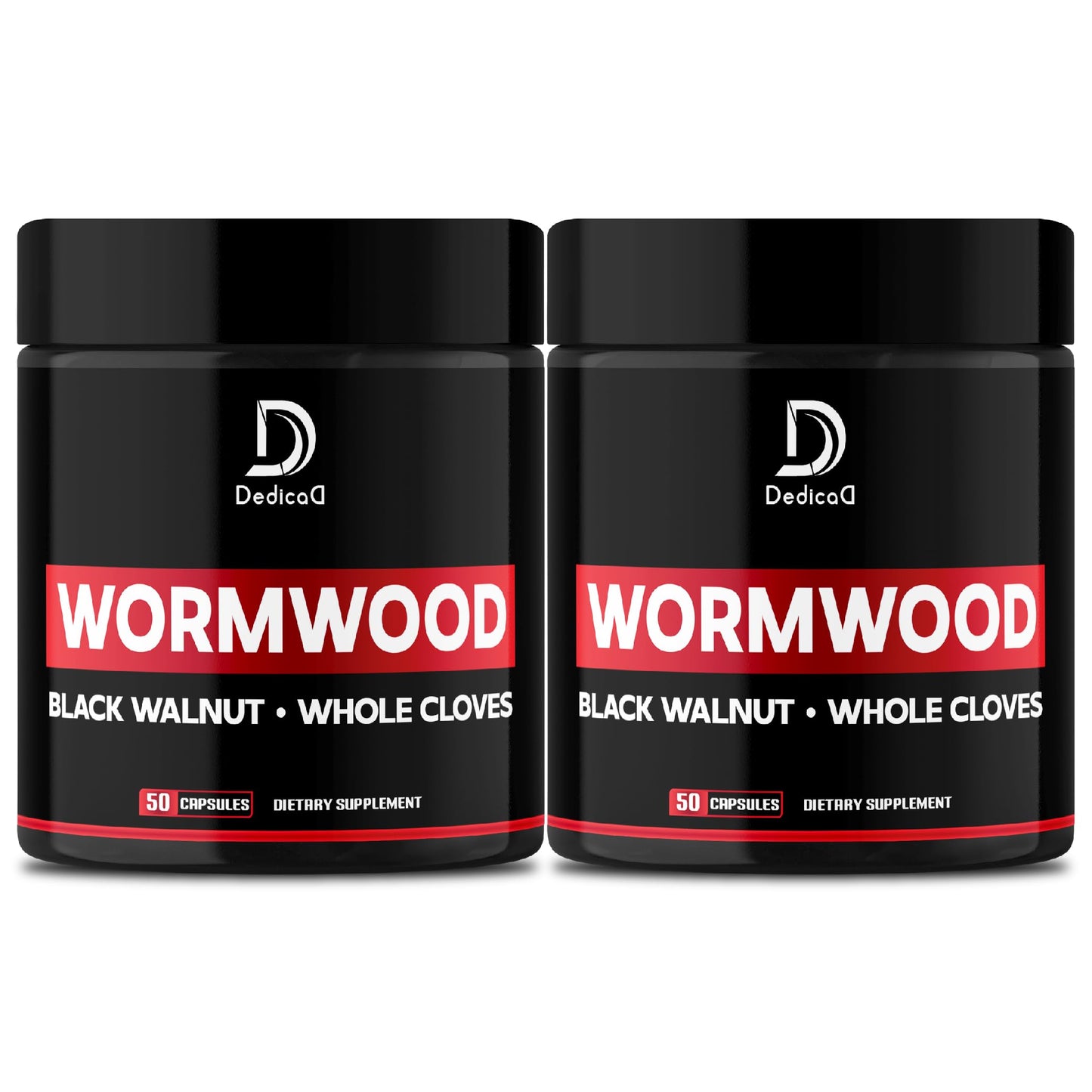 Two black jars of 'Wormwood' dietary supplement with red labels on a white background.