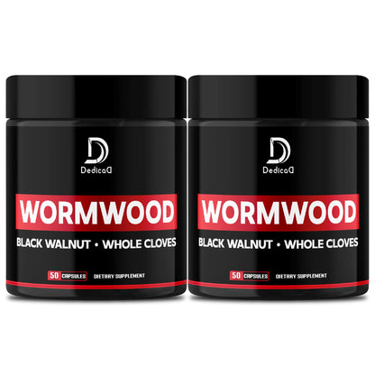 Two black jars of 'Wormwood' dietary supplement with red labels on a white background.