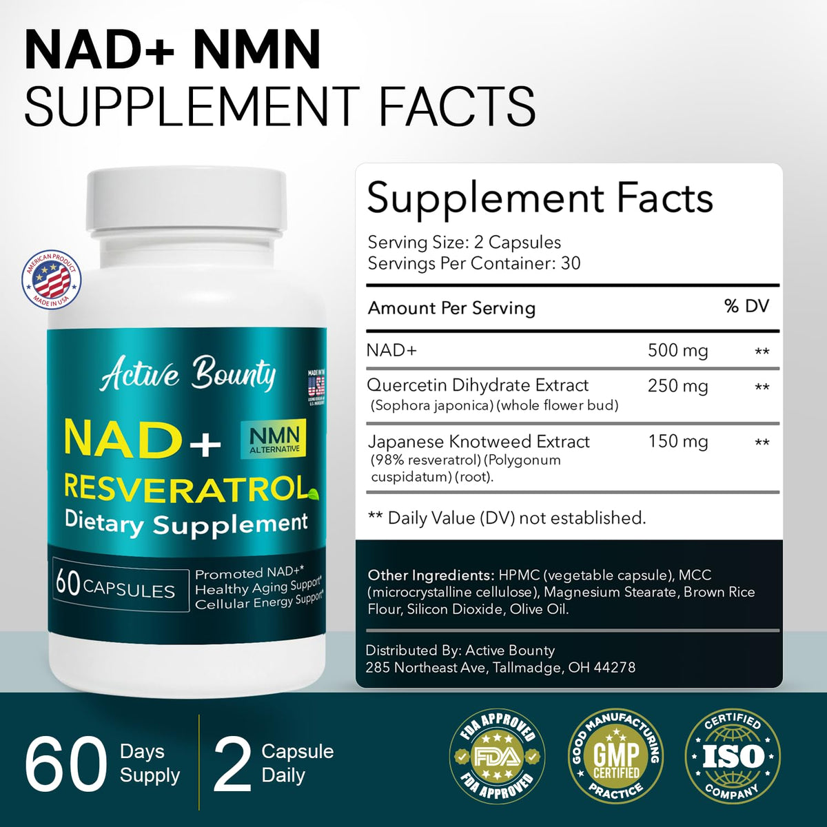 NAD+ Resveratrol Supplement with Quercetin – NMN Alternative for Cellular Energy Support, Focus & Healthy Aging – High Potency 500mg NAD+ Formula, Vegan, Non-GMO, Gluten-Free, Made in USA, 60 Capsules Active Bounty buy supplements Au