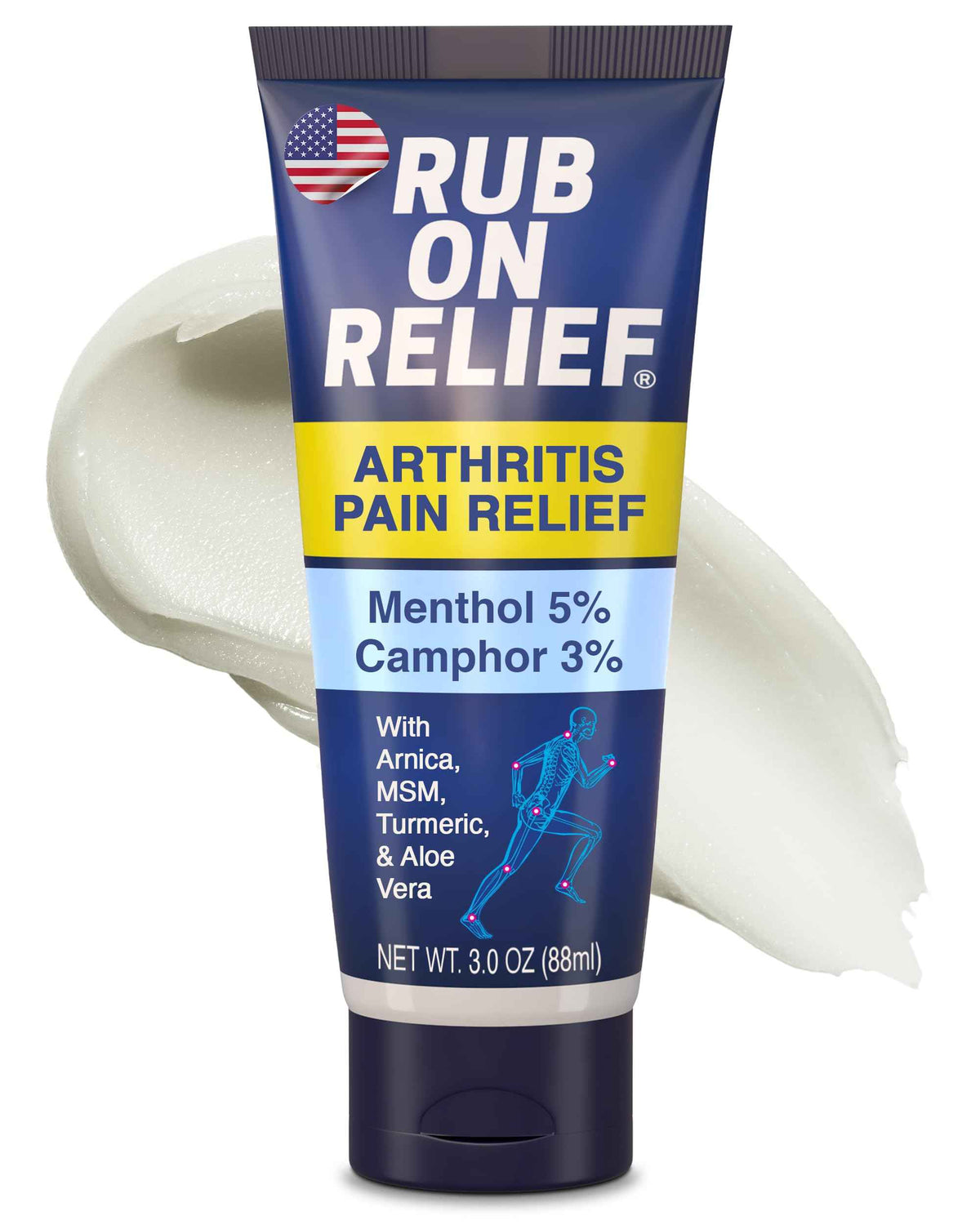 RUB ON RELIEF Arthritis Pain Relief Cream – 10-in-1 Non-Greasy Joints Pain Cream for Knees, Back, Neck, Hands, & Muscle Aches with Menthol, Camphor, Arnica, MSM & Turmeric Up to 8 Hours, 3oz (1 Pack)