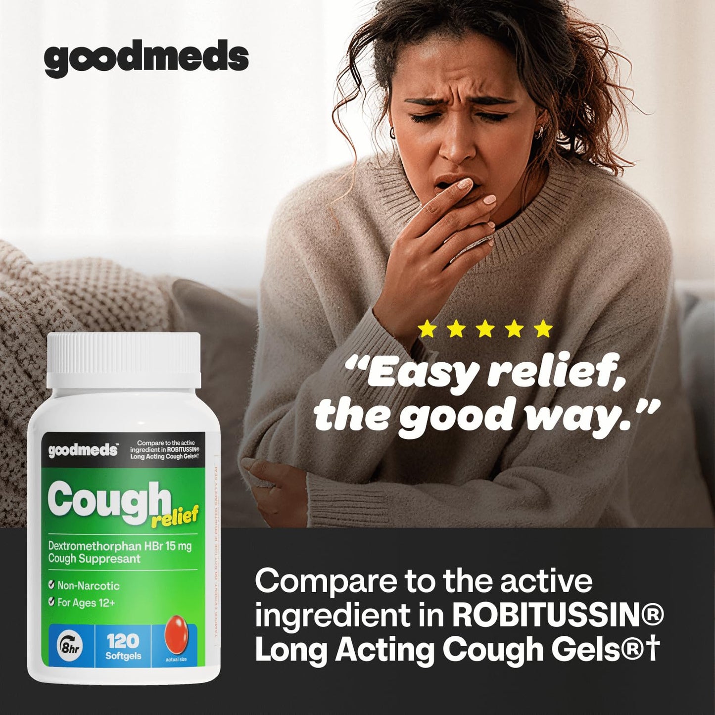 GoodMeds Cough Relief for Adults Softgels Dextromethorphan HBr (DXM) 15mg 8Hour, Non-Drowsy, Long-Lasting Bronchial Suppressant for Dry Cough and Chest Congestion (120 Count)