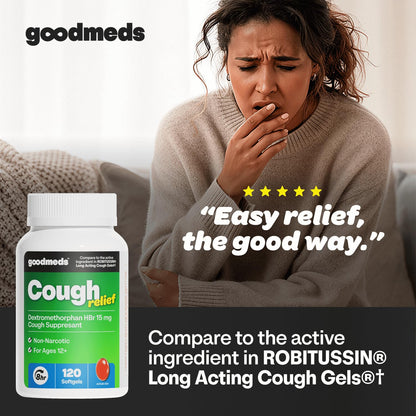 GoodMeds Cough Relief for Adults Softgels Dextromethorphan HBr (DXM) 15mg 8Hour, Non-Drowsy, Long-Lasting Bronchial Suppressant for Dry Cough and Chest Congestion (120 Count)
