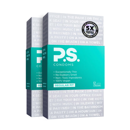 PS Condoms Exceptionally Thin Latex Condoms, Clean & Odorless, 12 Pack | Individually tested, 0.045 mm natural rubber, 40% thinner, lubricated, vegan, and free of PFAS, gluten, glycerin and parabens