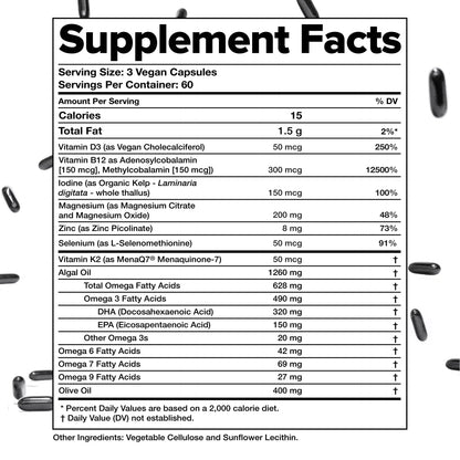 Complement Essential Vegan Multivitamin for Men & Women (60 Servings, 180 Capsules) with Omega-3 DHA & EPA, B12, Vitamin D3 & K2 Complement
