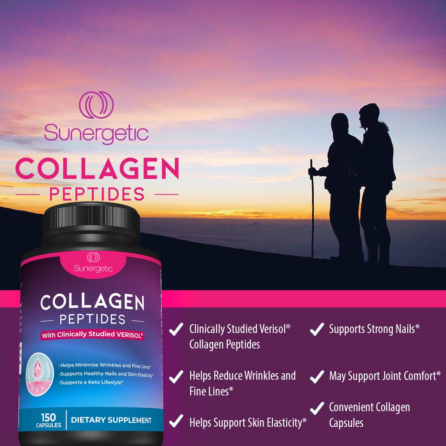 Sunergetic Premium Collagen Peptides Capsules – 2500 mg of VERISOL Collagen Peptides Type 1 & Type 3 – Multi Collagen Supplement to Support Joint Health, Hair, Skin & Nails – 150 Collagen Capsules Sunergetic buy supplements Au