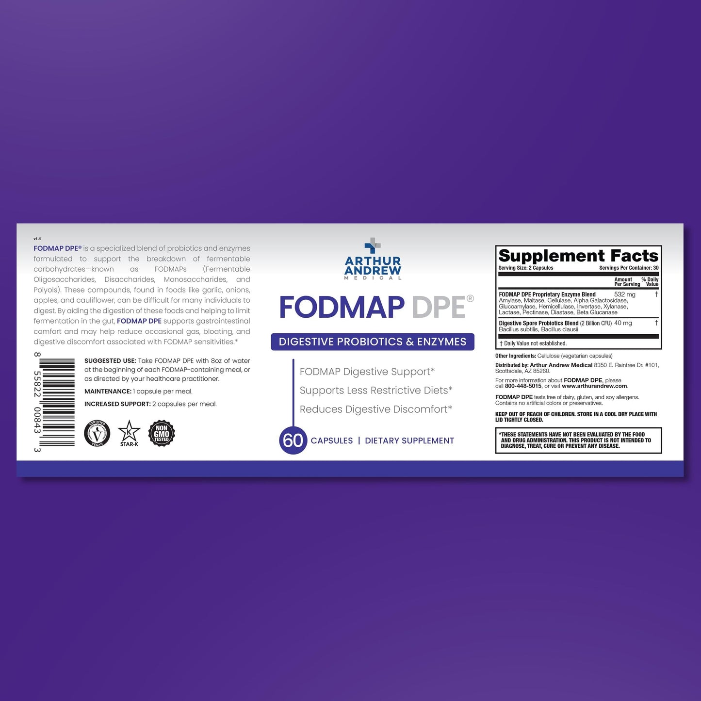 Arthur Andrew Medical, FODMAP DPE, Digestive Enzymes, 60 Capsules | Digestive Enzymes, & Probiotics For FODMAP Intolerance & The Digestion Of Fermentable Foods. Vegan, Non-GMO
