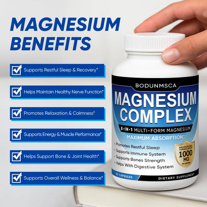 Magnesium Complex, 8 in 1, 1000mg-Glycinate, Citrate, Malate for Easy Absorption, Full Spectrum Magnesium Complex,Supports Relaxation, Sleep & Muscle Function, Magnesio Complex for Women, 180 Capsules BODUNMSCA buy supplements Au