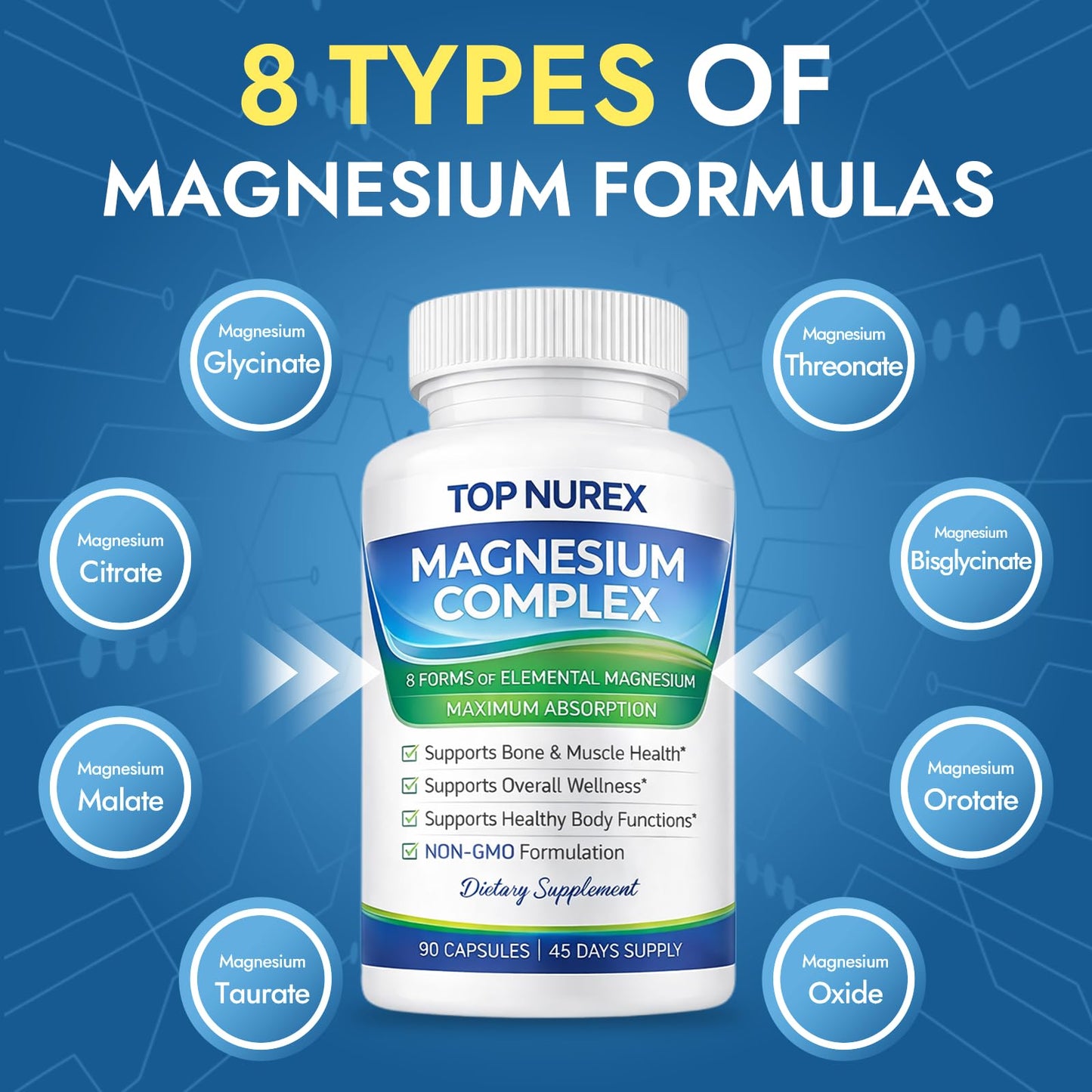 Top Nurex Magnesium Complex 1000 mg, 8-Source Magnesium Blend with Glycinate, Citrate, Malate & Taurate, Vegan Formula, Non-GMO, 90 Capsules Top Nurex buy supplements Au