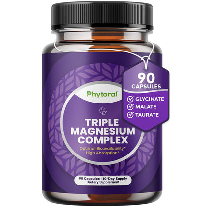 Supplement bottle labeled 'Triple Magnesium Complex' by Phytoral on a white background