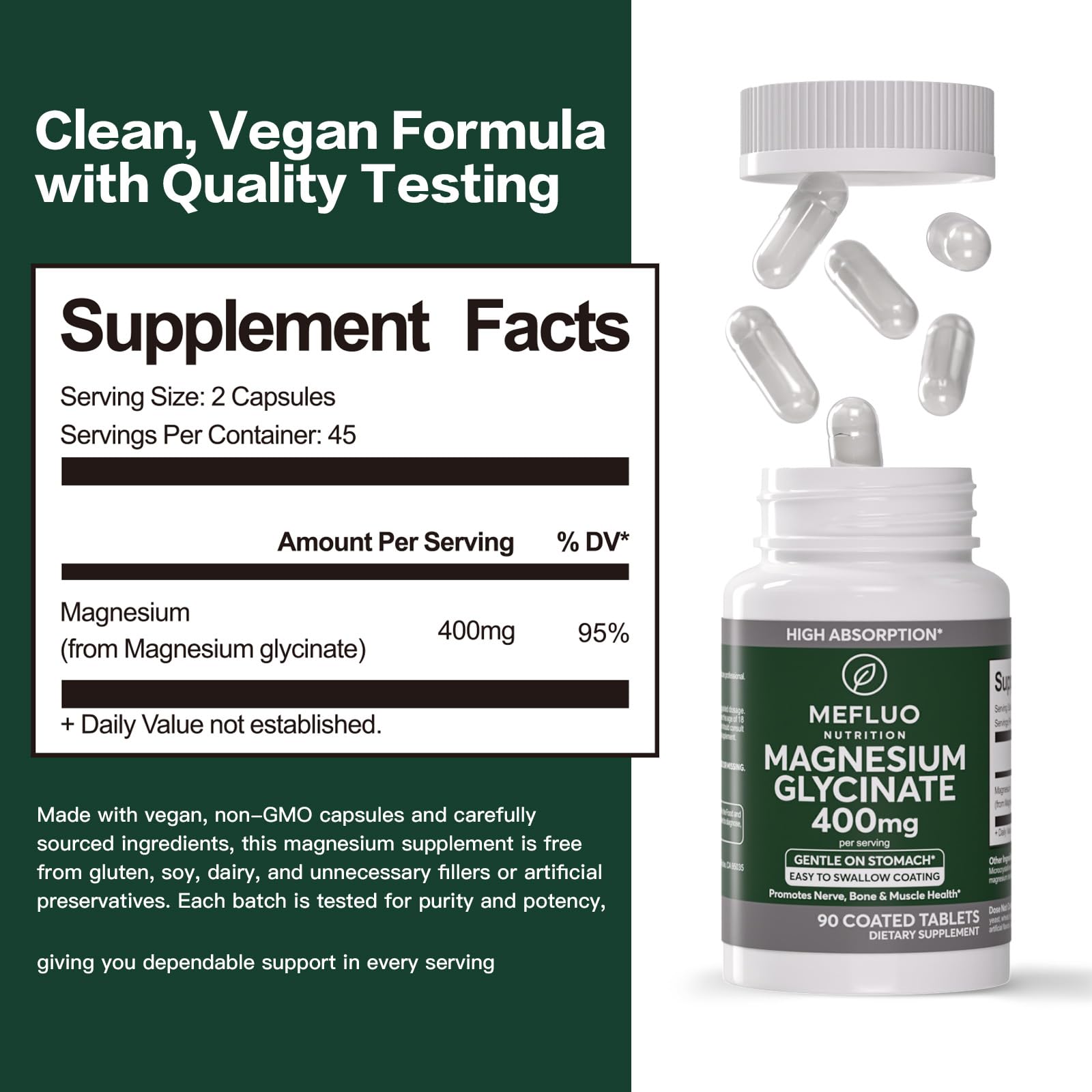 Magnesium Glycinate 400mg – High Absorption Magnesium Supplement for Muscle, Nerve & Sleep Support – Gentle on Stomach, Non-GMO, Vegan Capsules, 90 Count MefluoBuy Supplements Australia