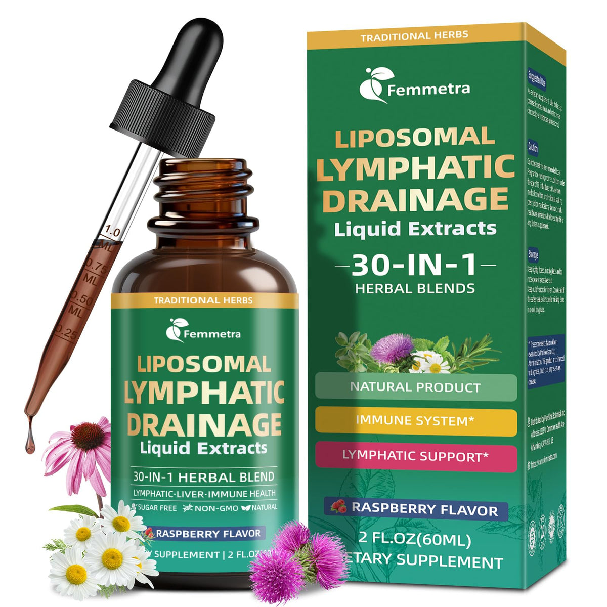 Liposomal Lymphatic Drainage Supplements with 30-in-1 Herbal Blend - Echinacea | Oregano | Milk Thistle - Sugar Free Lymph System Drops - Immune Support, Cleanse & Detox, Raspberry Flavor, 2 fl oz Femmetra buy supplements Au