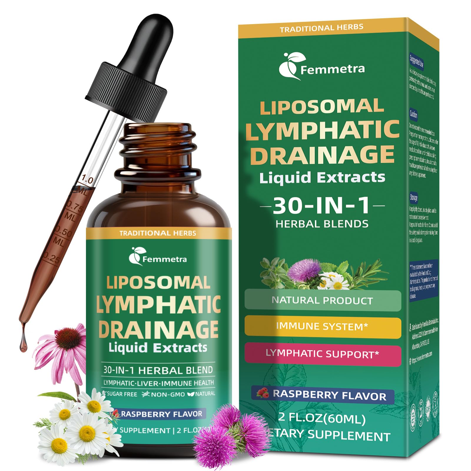 Liposomal Lymphatic Drainage Supplements with 30-in-1 Herbal Blend - Echinacea | Oregano | Milk Thistle - Sugar Free Lymph System Drops - Immune Support, Cleanse & Detox, Raspberry Flavor, 2 fl oz Femmetra buy supplements Au