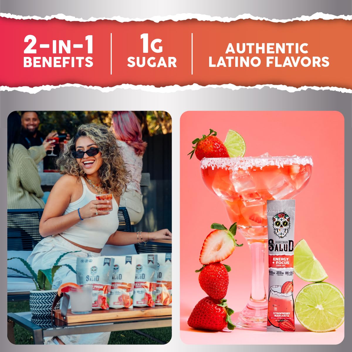 Salud 2-in-1 Energy + Focus Drink Mix, Hibiscus | Organic Caffeine, B6 + B12, Theanine, Clean Energy Packets, Agua Fresca Mix, Non-GMO, Gluten Free, 1g of Sugar (15 Servings)