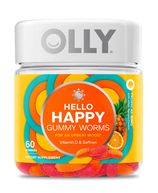 OLLY Hello Happy Gummy Worms, Mood Support Gummies For Adults,* Saffron Extract, Vitamin D, Tropical Zing Flavored, 30 Day Supply - 60 Count