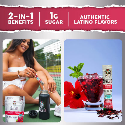 Salud 2-Pack | 2-in-1 Energy + Focus (Strawberry Margarita) & Energy + Focus (Hibiscus) – 15 Servings Each, Agua Fresca Drink Mix, Non-GMO, Gluten Free, Vegan, Low Calorie, 1g of Sugar