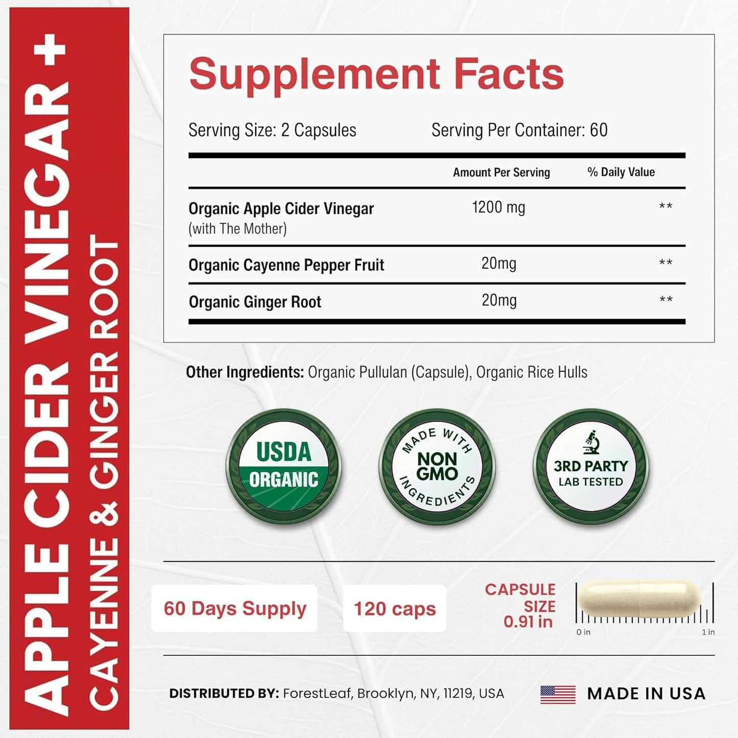 USDA Organic Apple Cider Vinegar Capsules with Mother, 1200 mg | Vegan & Non-GMO | Apple Cider Vinegar Pills with Cayenne Pepper & Ginger Root | 120 Caps
