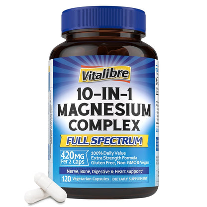 Vitalibre 10-IN-1 Magnesium Complex supplement bottle with blue label on a white background