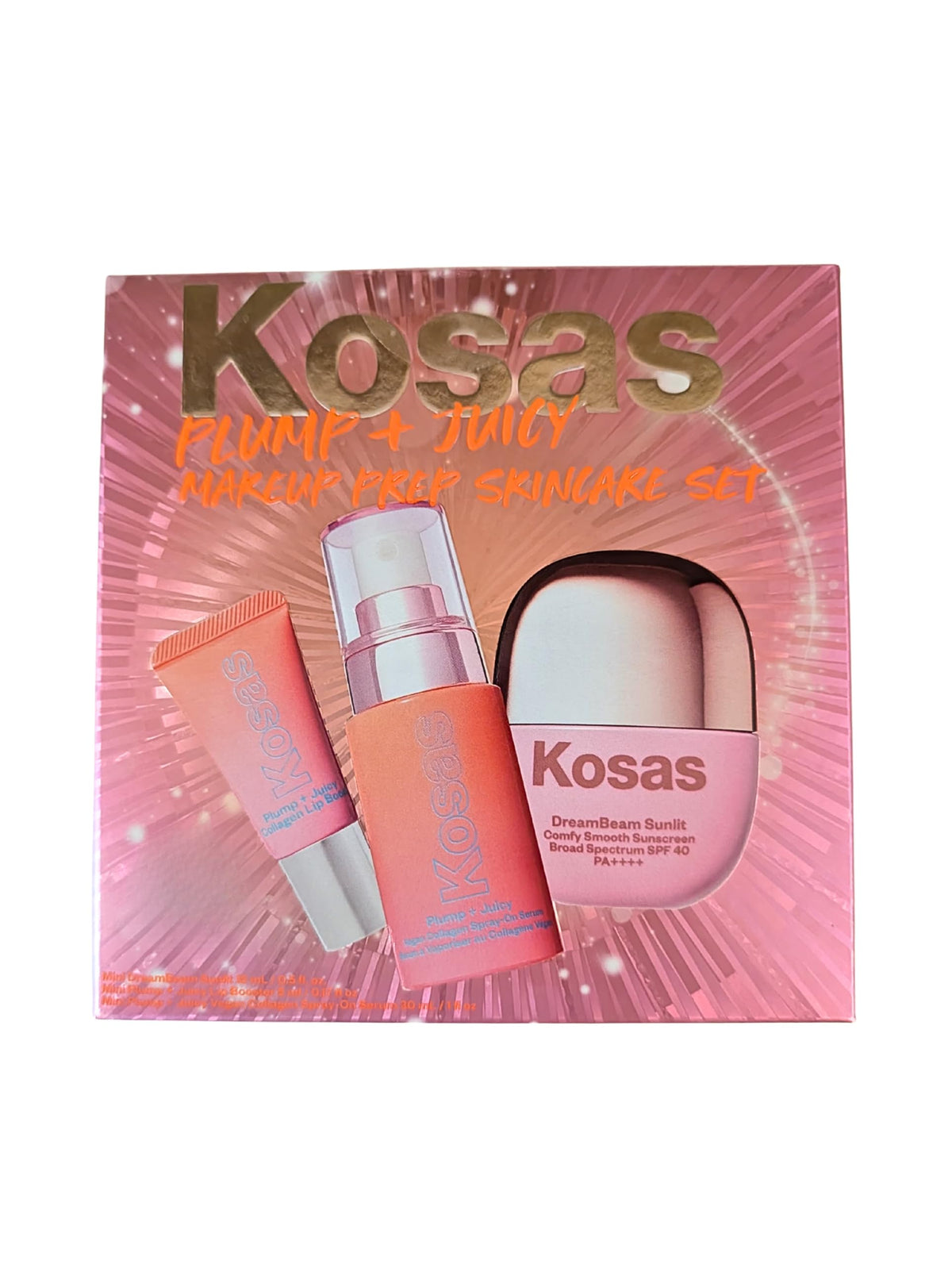 Kosas Plump + Juicy Makeup Prep Skincare Set – 3-Piece Mini Set with Collagen Spray-On Serum (1 oz), DreamBeam Sunlit SPF 40 PA++++ Sunscreen (0.5 oz), and Lip Booster (0.17 oz) KosasBuy Supplements Australia