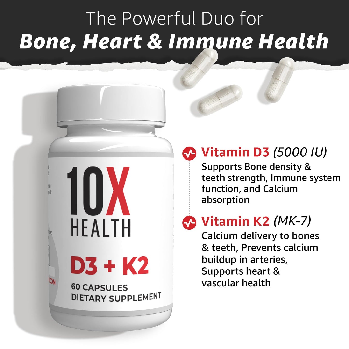 10X Health Vitamin D3 5000 IU & K2 MK7 - Menaquinone 7, High-Potency D3 K2 Vitamin Supplement for Bone Health, Heart and Teeth - 125 mcg Vitamin D & 90 mcg Vitamin K2-60 Capsules 10X Health System buy supplements Au