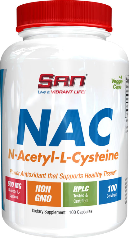 Supplement bottle labeled 'NAC' by SAN on a white background