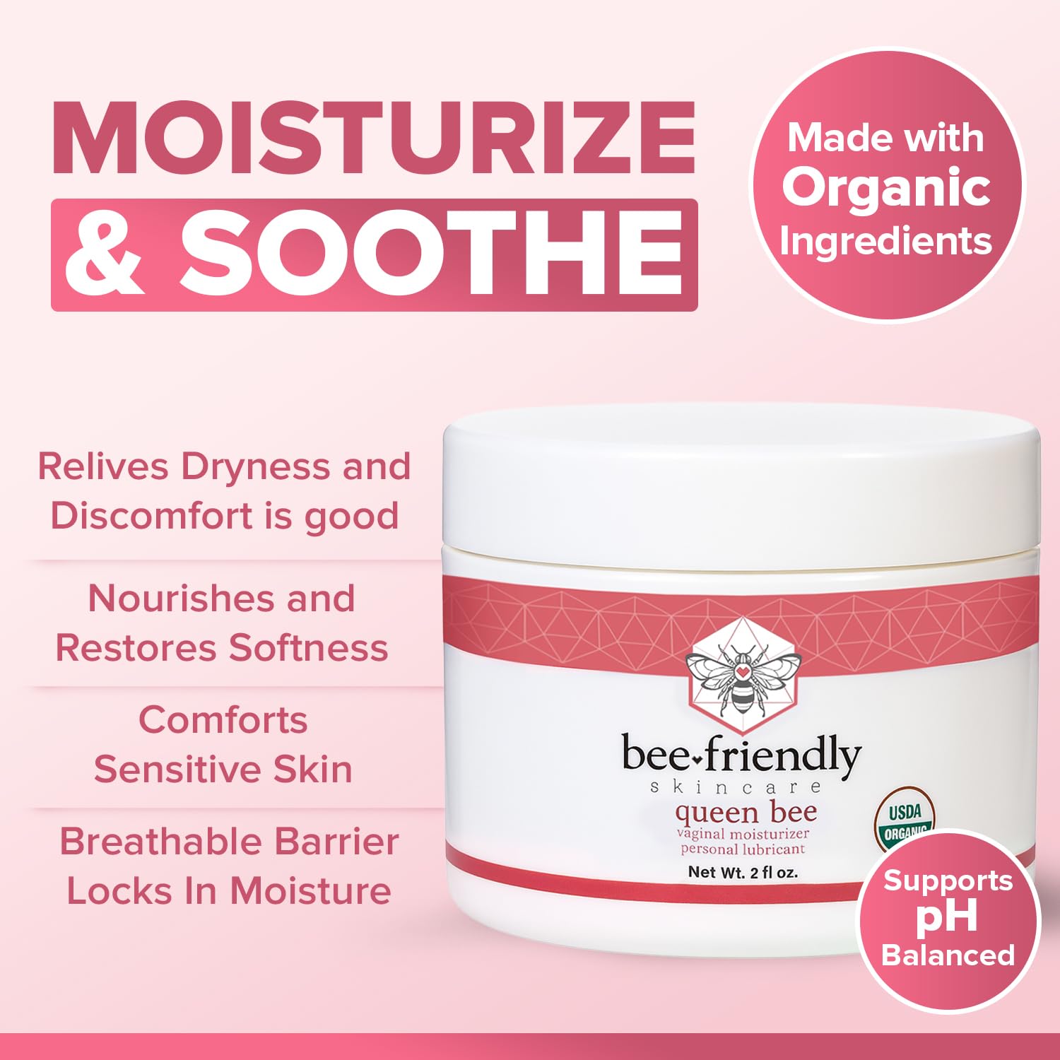 BeeFriendly Organic Vaginal Moisturizer, USDA Certified, Natural Vulva Cream For Dryness, Itching, Irritation, Redness, Chafing Of Vagina Due To Menopause & Thinning 2 oz BeeFriendly buy supplements Au