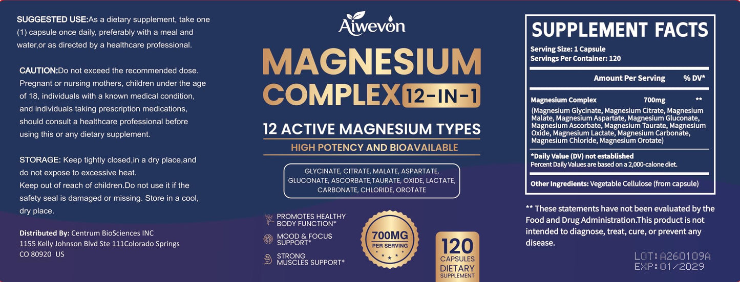 Magnesium Complex 700mg, 12 in 1 Magnesium Supplement with Glycinate, Citrate, Malate, Oxide, Taurate & Orotate, High Absorption Magnesium for Sleep, Muscle, Nerve & Heart Support, Vegan, 120 Capsules Aiwevon buy supplements Au