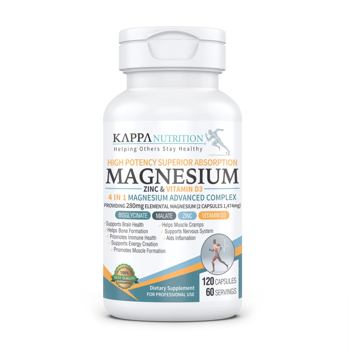 Kappa Nutrition Magnesium 4-in-1, 280mg Elemental Magnesium (Bisglycinate, Malate) + Zinc & Vitamin D3, Brain, Sleep, Energy, Muscle, Immune Support, 120 Vegan Capsules. KAPPA NUTRITION buy supplements Au
