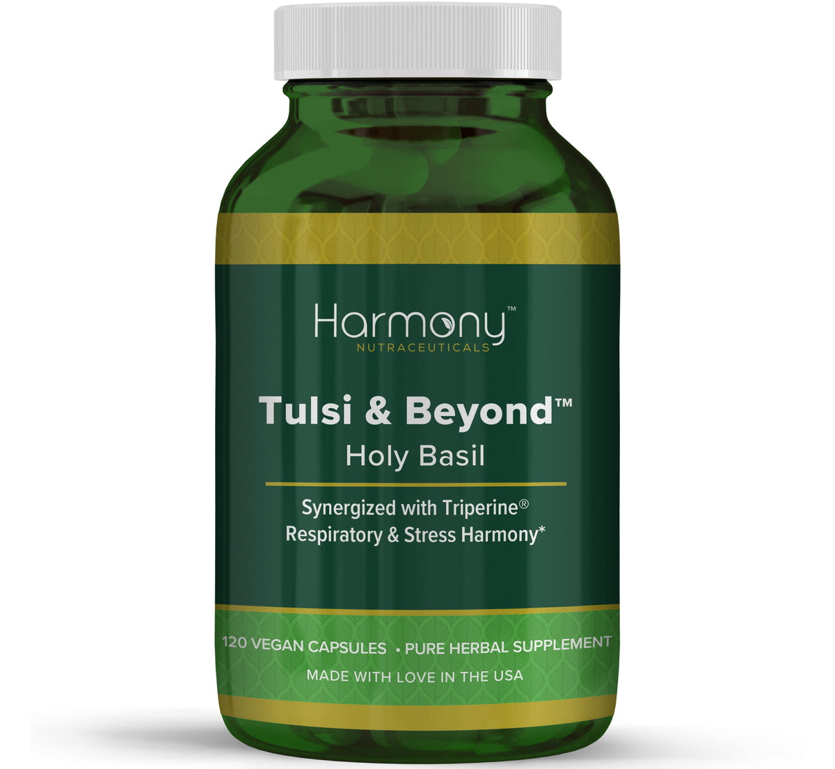 Green supplement bottle labeled 'Harmony Tulsi & Beyond' on a white background