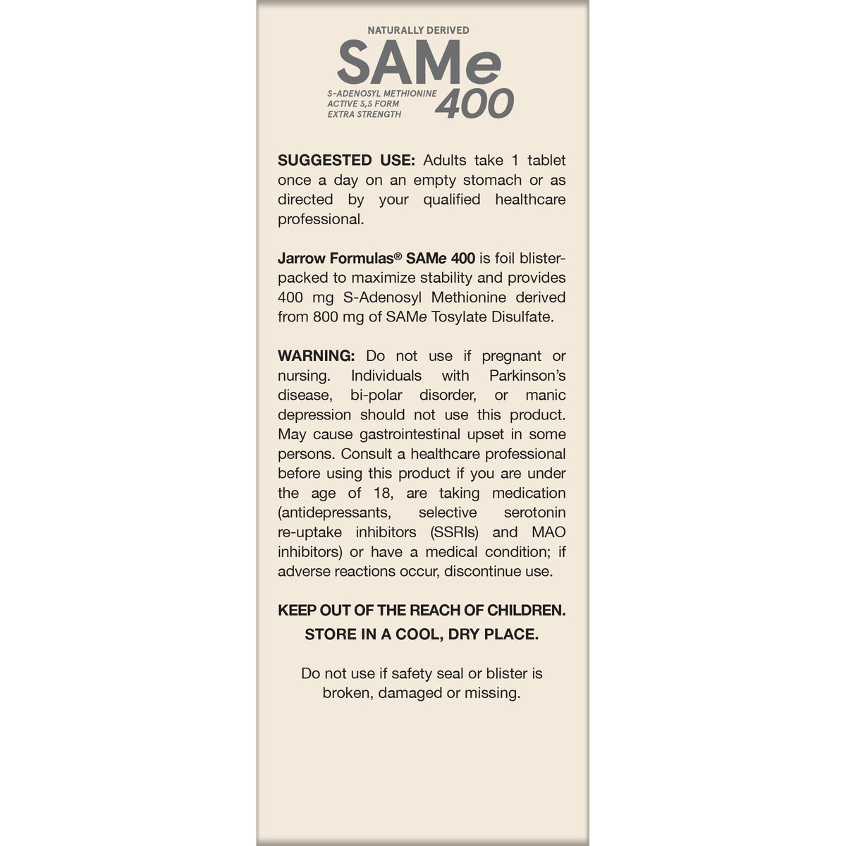 Jarrow Formulas SAMe Supplement 400 mg - 60 Tablets - High Concentration of Active S,S Form - Supports Joint Health, Liver Function, Brain Metabolism, Balanced Mood & Antioxidant Defense - 60 Servings Jarrow FormulasBuy Supplements Australia