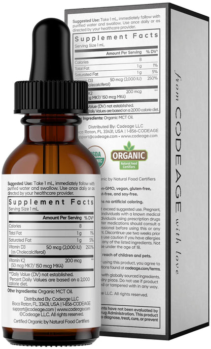 Codeage Liquid D3+K2 Vitamins USDA Organic - Vitamin D3 2000 IU, Vitamin K2 (MK4 & MK7) Liquid Drops - Immune Support - Unflavored - Organic MCT Oil - Non-GMO - 1 fl oz CodeageBuy Supplements Australia