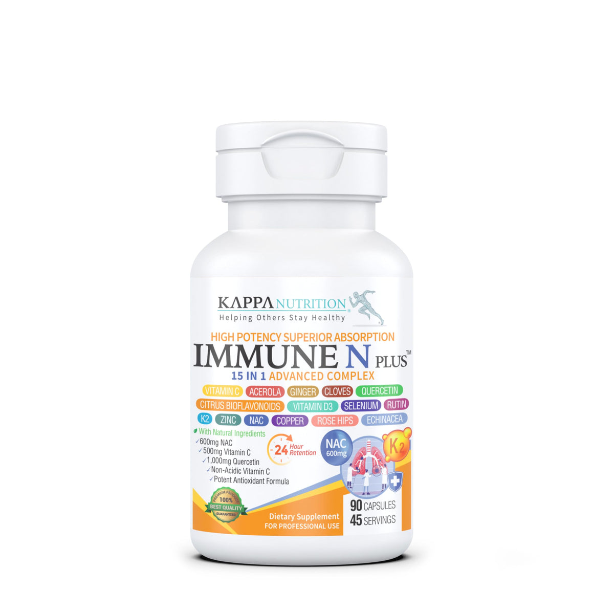 (90 Capsules), NAC 600mg, Quercetin 1,000mg, Vitamin C 500mg, Zinc 50mg, Vitamin D3 5,000iu, Selenium, Copper, Acerola, Ginger, Rutin, Citrus Bioflavonoids, Rose Hips, Echinacea, Immune N Plus 15 in 1 KAPPA NUTRITION buy supplements Au