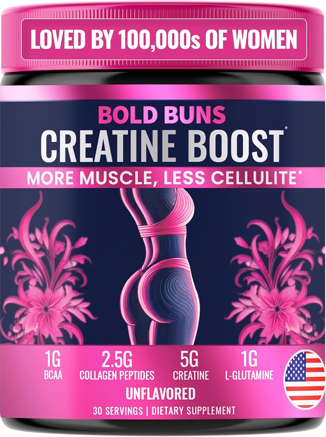 Bold Buns Creatine for Women – Supplement with Collagen & BCAA – Supports Muscle Development, Post-Workout Recovery, Skin Elasticity, Healthy Hair & Nail (30 Servings, Unflavored)