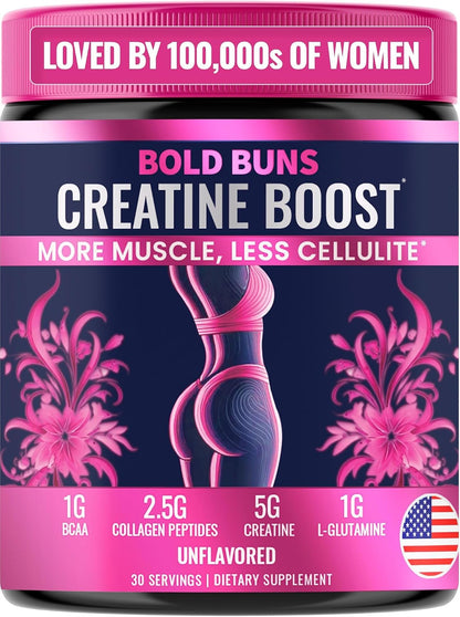Bold Buns Creatine for Women – Supplement with Collagen & BCAA – Supports Muscle Development, Post-Workout Recovery, Skin Elasticity, Healthy Hair & Nail (30 Servings, Unflavored)