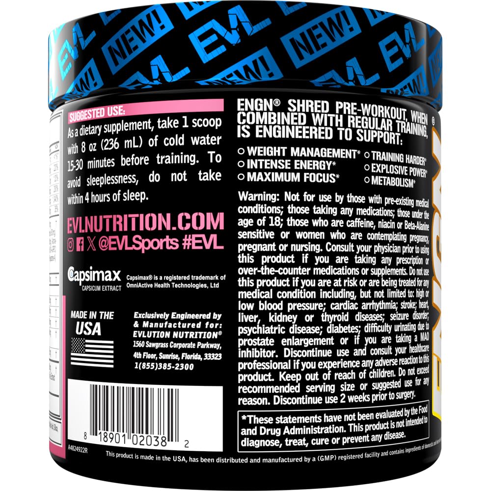 EVL Ultimate Pre Workout Powder - Thermogenic Fat Burner Preworkout Powder Drink for Lasting Energy Focus and Stamina - ENGN Shred Intense Fat Burning Creatine Free Preworkout Drink - Cherry Limeade