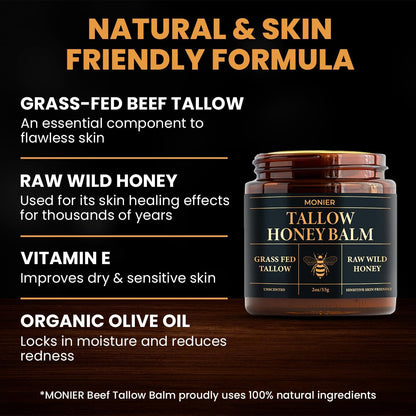 MONIER Beef Tallow and Honey Balm for Skin and Face – Moisturizer | 100%Organic Grass-Fed Beef Tallow & Raw Wild Honey, Natural Formula For Dry & Sensitive Skin, 2oz, Unscented