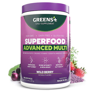 Purple supplement container labeled 'Greens+' with wild berry flavor on a white background