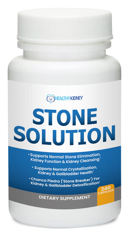 Supplement bottle labeled 'Stone Solution' by Healthy Kidney on a white background