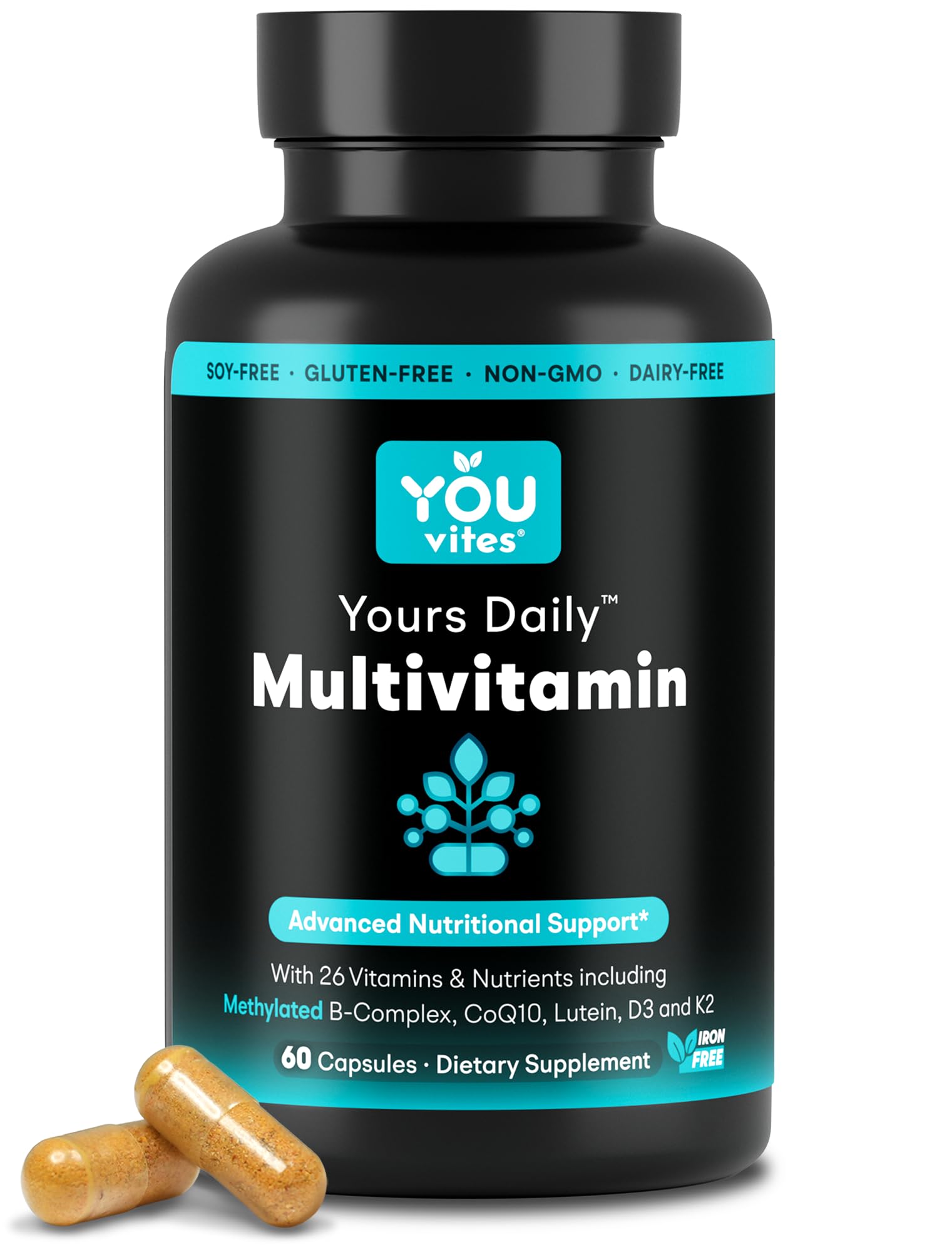 Multivitamin supplement bottle with 'YOU vites' branding on a white background