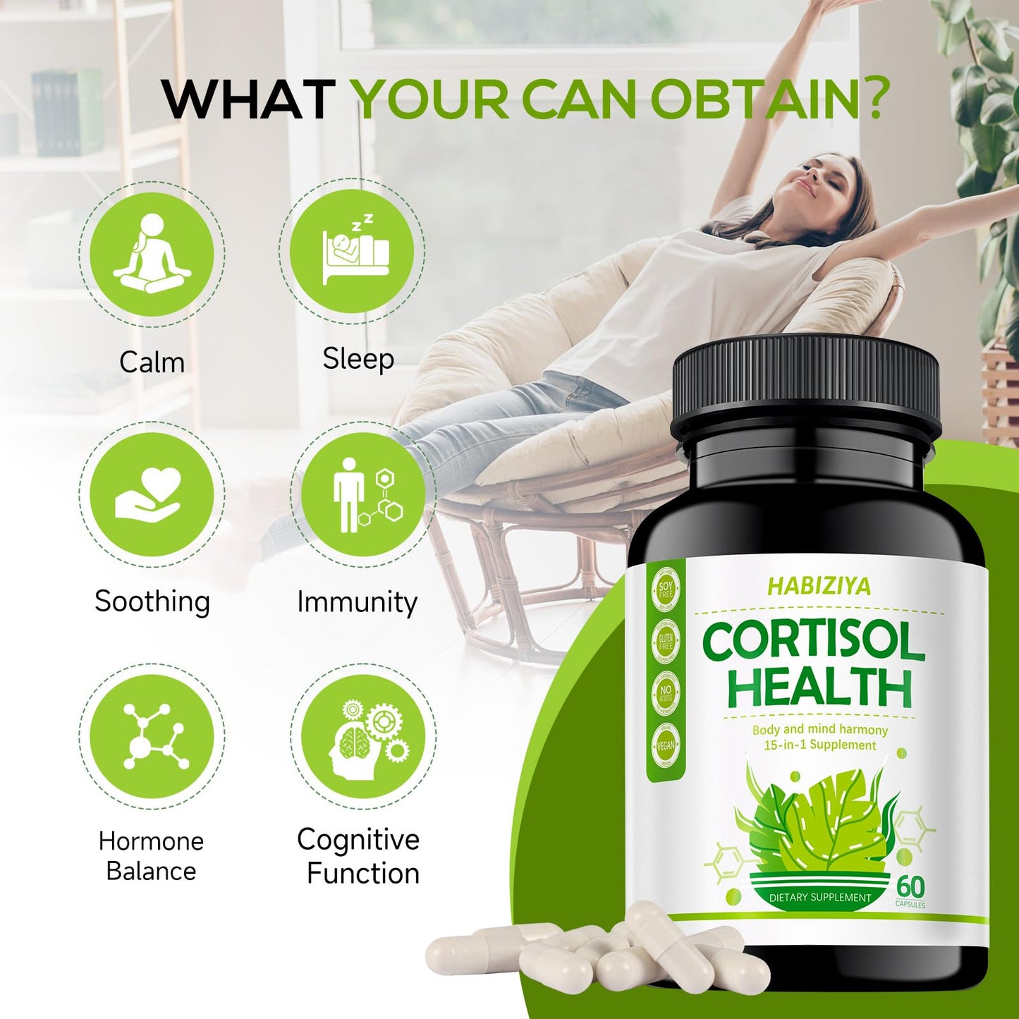 HABIZIYA Cortisol Support Supplement with Magnesium Glycinate, L-Theanine, Ashwagandha, Phosphatidylserine,Rhodiola Rosea 15-in-1 Hormone Balance for Women Men Mood, Focus, Sleep Support 60 Capsules HABIZIYABuy Supplements Australia