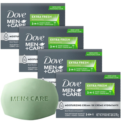 Dove Men+Care Soap Bar, Extra Fresh Scent 4-Pack – Hydrating 3-in-1 Body, Hand, and Face Cleanser for Men, 2.6 Oz Ea
