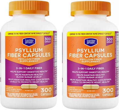 berkley jensen Daily Psyllium Husk Supplement, Natural Fiber for Men & Women - Fiber Capsules for Overall Digestive Health, Easing Constipation, Made in USA - 300 Count (Pack of 2)