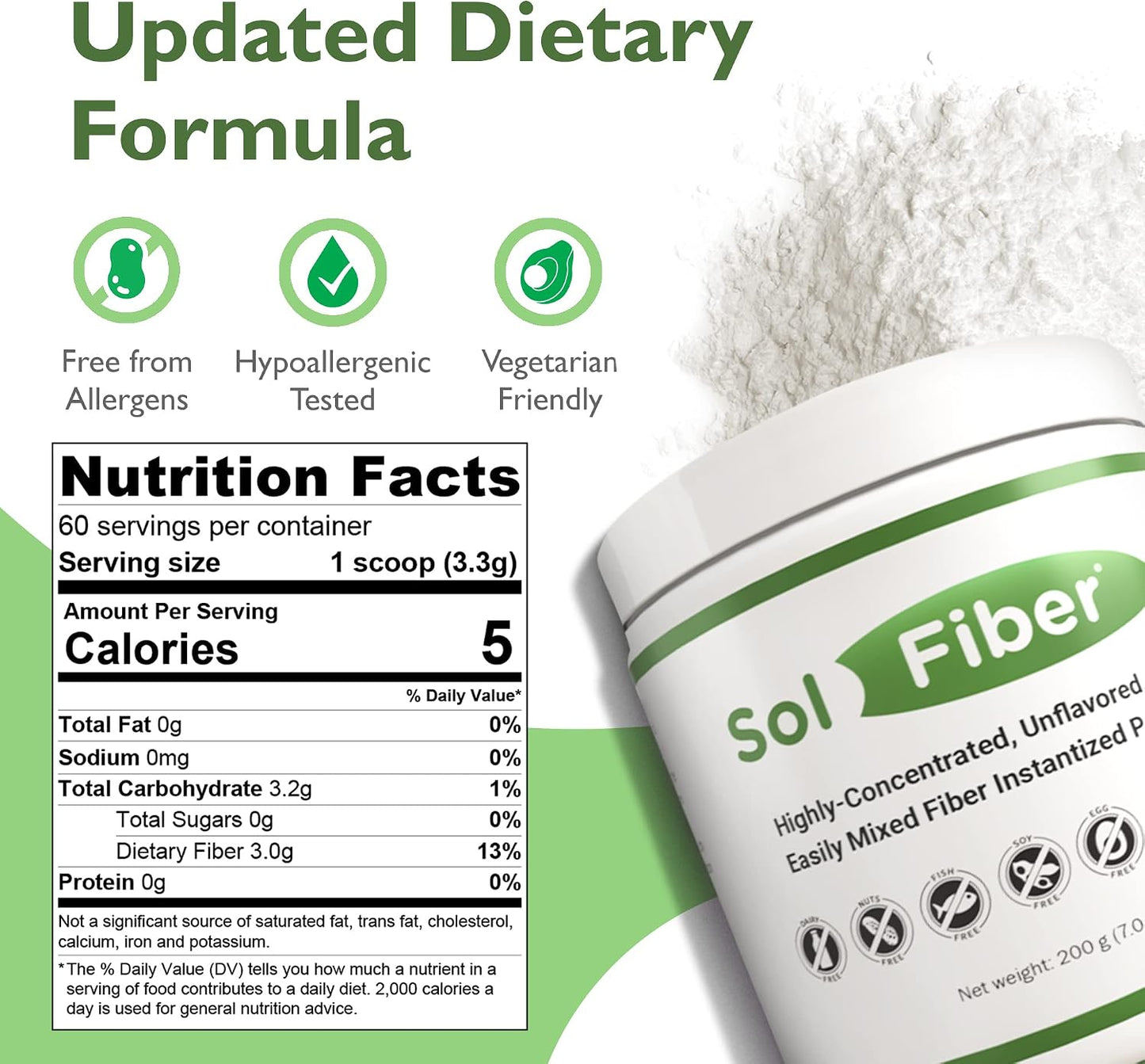 SolFiber Prebiotic Powder Supplement, Non-GMO Alternative to Fiber Gummies, Supports Digestive Health, Easy-to-Mix and Highly-Concentrated Fiber Powder, 7 Ounces, 60 Servings