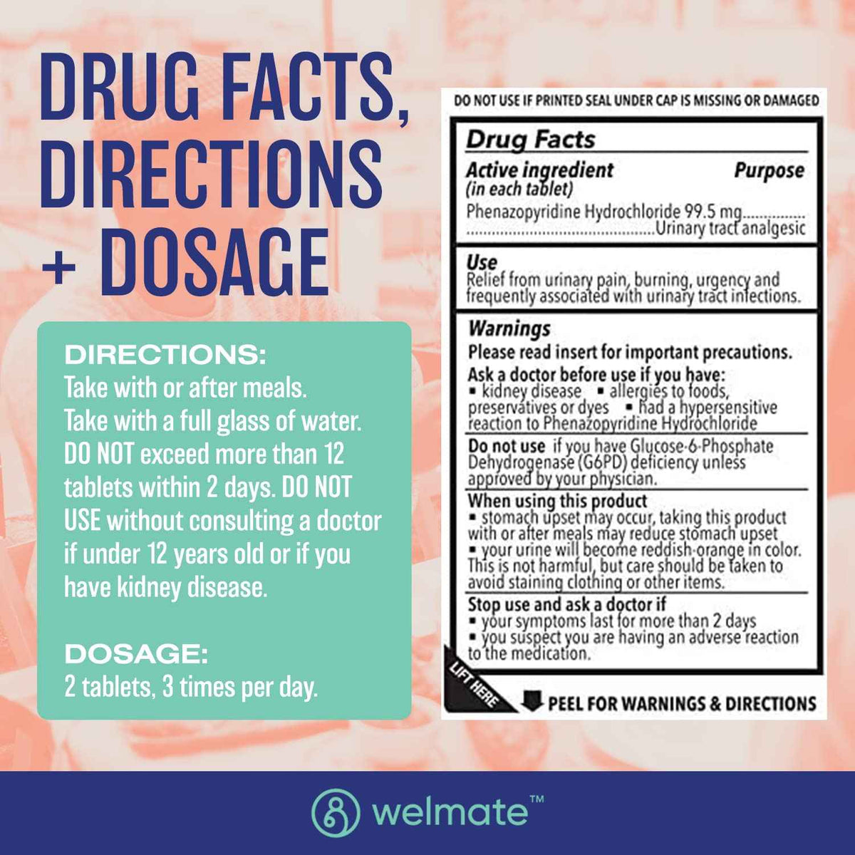 WELMATE Urinary Pain UTI Relief Maximum Strength (Phenazopyridine HCL) - Improve Urinary Tract Health & Bladder Control, Urgency, & Discomfort | Over-The-Counter Medication for Men & Women (72 Pills)