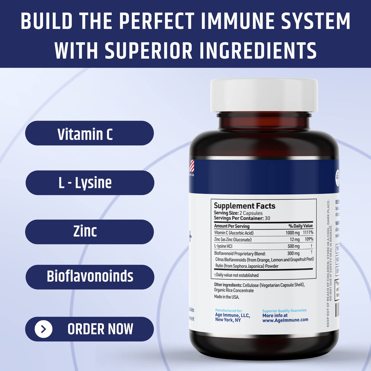 AgeImmune Vitamin C 1000mg Complex with L-Lysine 500mg, Zinc 12mg, Bioflavonoids 300mg. Doctor Formulated Magnesium Stearate Free Supplements for Healthy Immune System Support.(1)