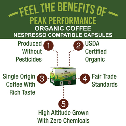 Peak Performance Organic Capsules for Nespresso Machines - Fair Trade, Low Acid, Organic Espresso Coffee Pods (36 Count) Compatible with All Nespresso Capsule Brewers - Medium Roast Single Serve Pod Peak PerformanceBuy Supplements Australia