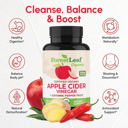 USDA Organic Apple Cider Vinegar Capsules with Mother, 1200 mg | Vegan & Non-GMO | Apple Cider Vinegar Pills with Cayenne Pepper & Ginger Root | 120 Caps