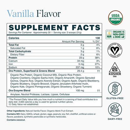 Ora Organic Plant-Based Protein Powder - 23g Protein for Women and Men - Vanilla Flavor 20 Servings, Vegan, Clean Protein, Third-Party Tested, Gluten-Free - 20 Servings Ora Organic buy supplements Au