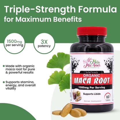 Organic Maca Root Extract 1500 mg, Peak Performance for Men & Women, Sustained Energy & Hormone Support with Black Pepper, Non-GMO, 60 Tablets, US-Made