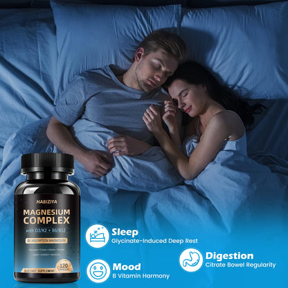 Magnesium Complex Supplement 600mg with with D3 K2 MK7 & B Vitamins High Absorption Capsules with Glycinate, Citrate & Malate,Taurate Relaxation,Muscle,Heart Support, Vegan 120 Capsules HABIZIYA buy supplements Au